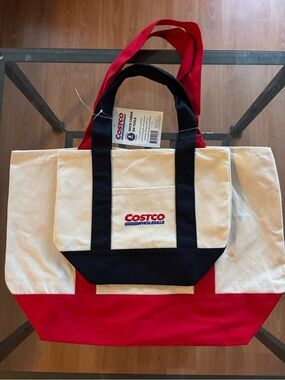 Costco wholesale Canvas Tote Bag in Cream, Red & Blue - small & large